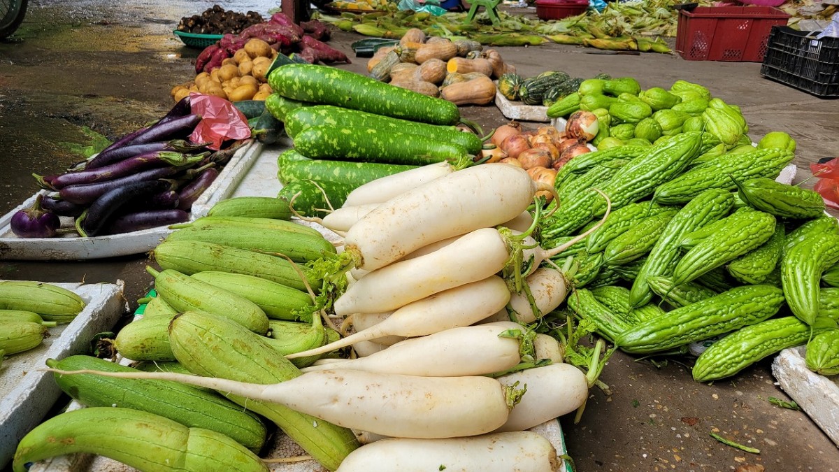 市場の写真。大きい緑系の野菜がたくさん積み重ねてある