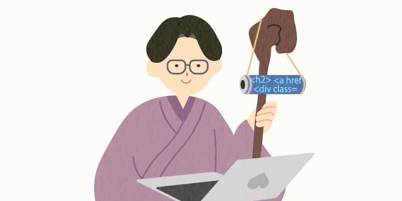 寿老人の格好をしたフロントエンドギルドの男性がコードが書かれている巻物付きの杖とノートパソコンを持っているイラスト。