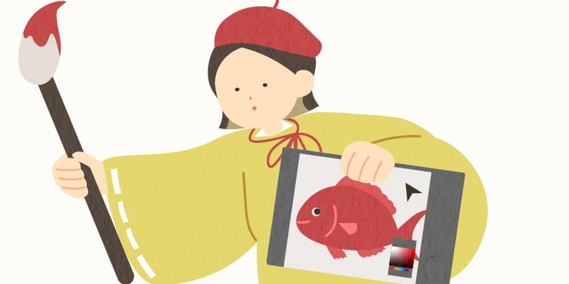 恵比寿の格好をしたビジュアルデザインギルドの女性が左手に鯛の描かれているタブレットを持ち、右手に大きな筆を持っているイラスト。