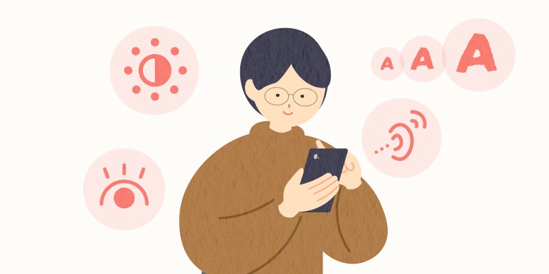 スマートフォンを扱っている女性の背景にさまざまなアクセシビリティに関するアイコンが散らばっているイラスト。