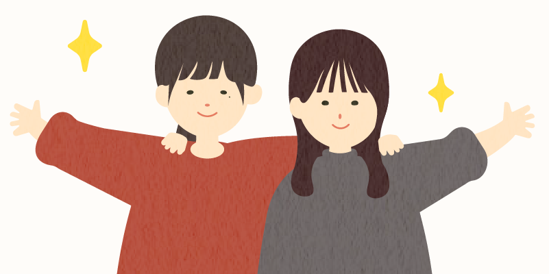 赤いニットの女性と黒いタートルネックの女性が微笑みながら肩を組むイラスト