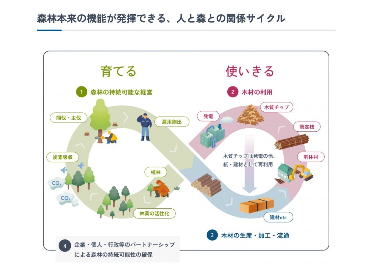 「環境への取り組みについて」ページトップのスクリーンショット。「森林本来の機能が発揮できる、人と森との関係サイクル」というタイトルの下に、メインビジュアルであるイラストが掲載されている。