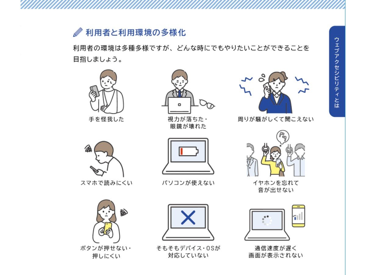 「手を怪我した」「視力が落ちた・眼鏡が壊れた」など、9つの例示にそれぞれ合ったイラストが配置されている。