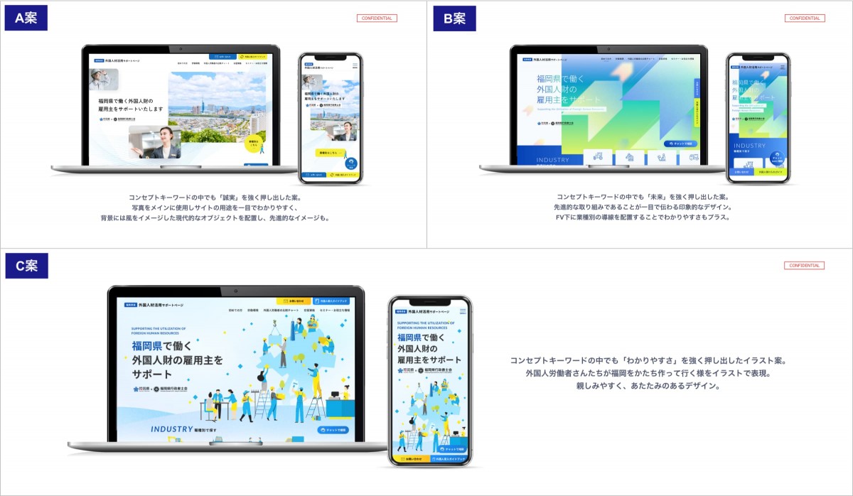 デザイン3案（A、B、C）それぞれの提案スライドを1つにまとめた画像