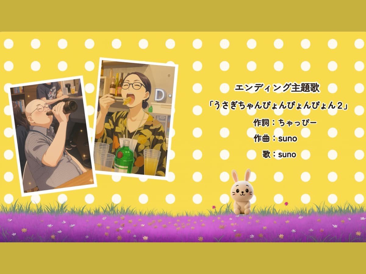 お月見Bar用に作られたエンディング映像の一場面。お月見Barを楽しむスタッフのイラストとエンディング主題歌のクレジット。「うさぎちゃんぴょんぴょんぴょん2」作詞：ちゃっぴー 作曲：suno 歌：suno
