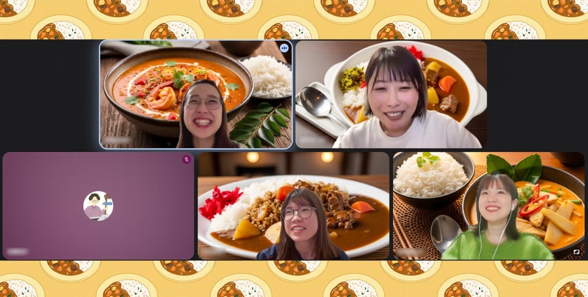 オンラインゆるカレー部、談笑中のスクリーンショット。5人のメンバーが参加し、カメラをオンにしている4人のメンバーの背景にはカレーの画像が表示されている。