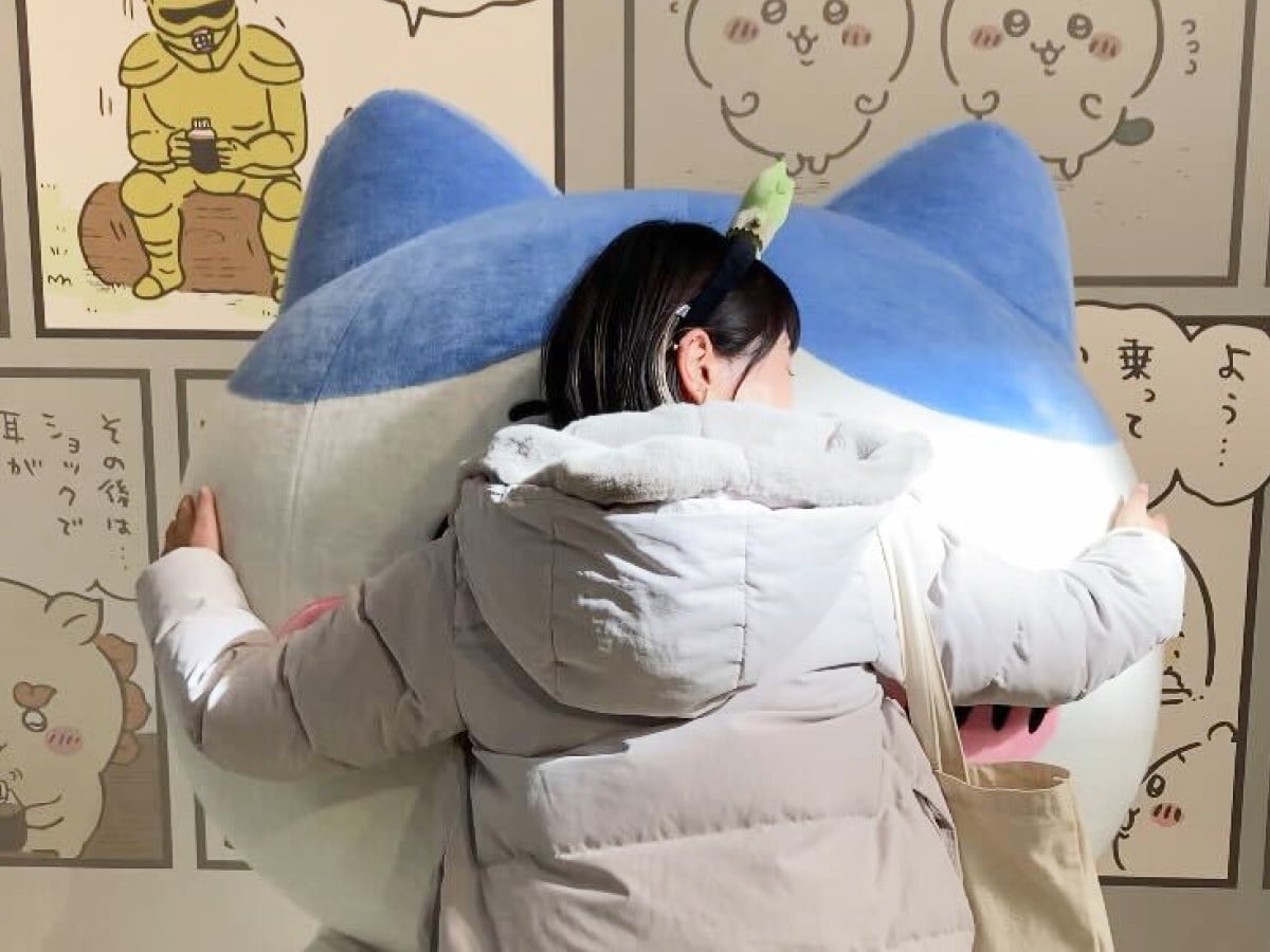 田中さんがハチワレの着ぐるみを正面からハグしている。