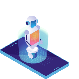 ロボットのイラスト。スマートフォンの画面から浮かび出ているロボットが「ワタシモタイショウデス」と言っている。
